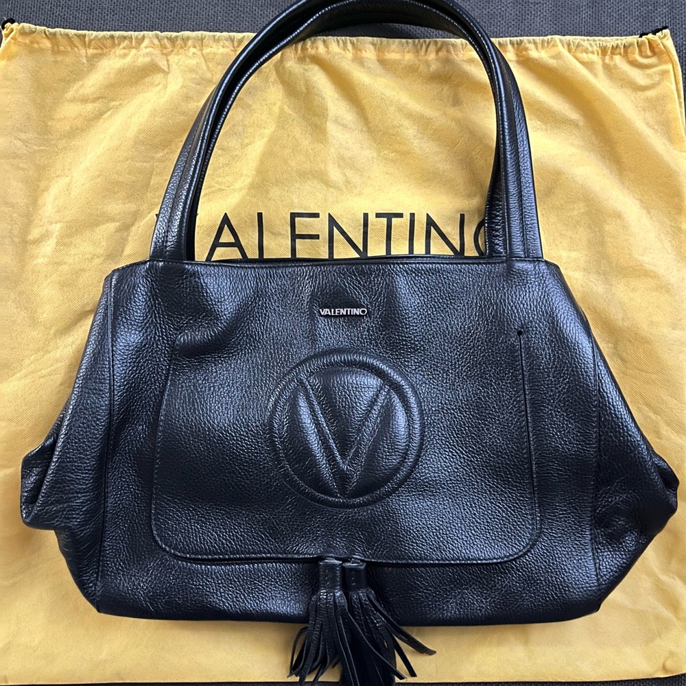 EUC Valentino by Mario Valentino Ollie Italian Black Leather Tassel Tote Bag